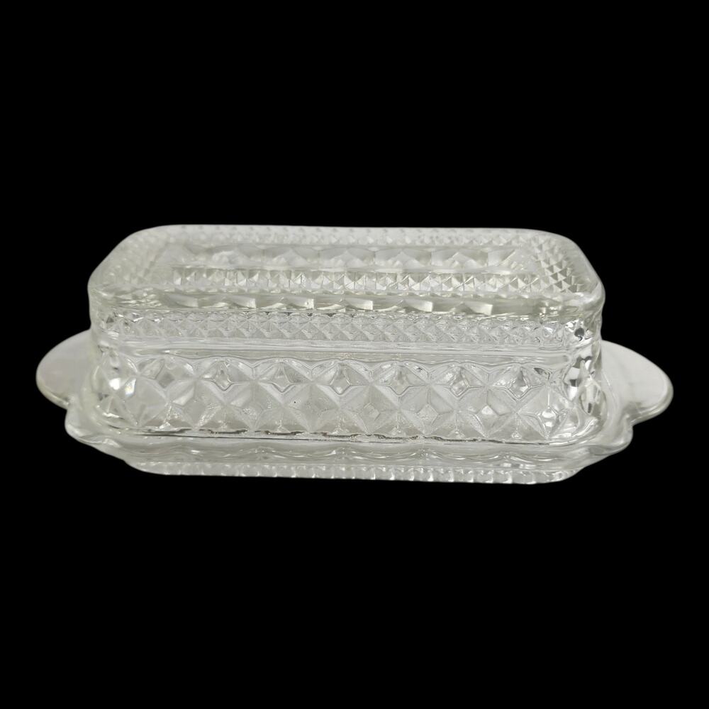 Vintage 60s Anchor Hocking Wexford Clear Glass Butter Dish Diamand Cut w/Lid